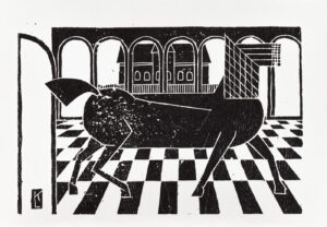 Abbildung von "O.T." - Abstrakt: Schwarzes Pferd auf schwarzweißem Schachbrettmuster