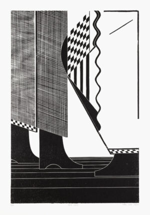 Abbildung von Holzschnitt "KUSS" - schwarzweiß, abstrakt